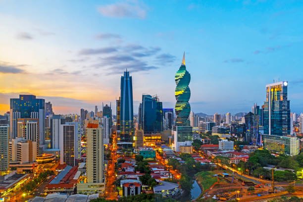 The skyline of Panama City with its skyscrapers in the financial district at sunset, Panama.